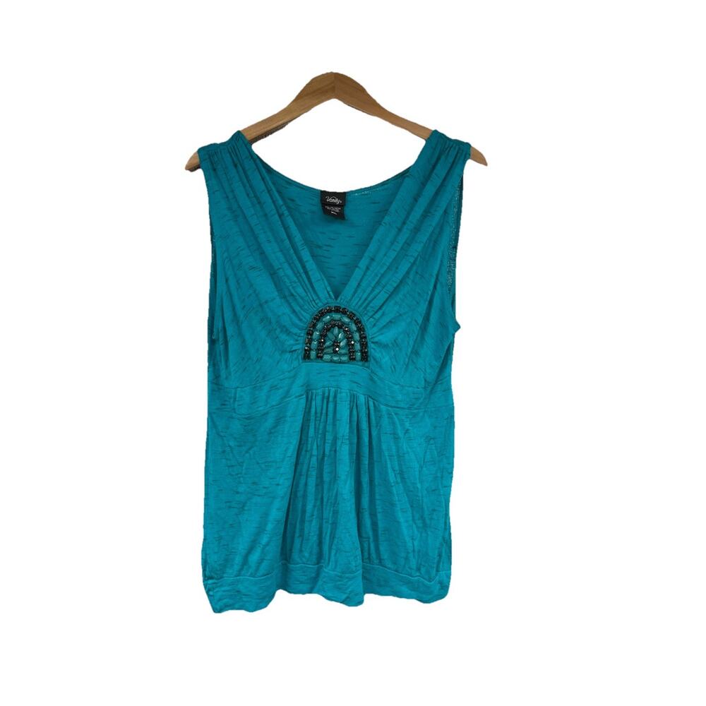 Vanity Y2K Babydoll‎ Turquoise Blue Green Tank Top Blouse Beaded Womens XL